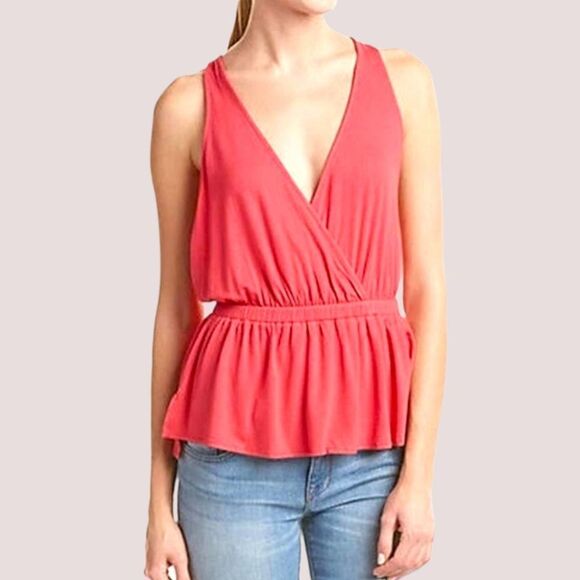 FREE PEOPLE CORAL/RED JERSEY PEPLUM TANK TOP SIZE M - Picture 1 of 13